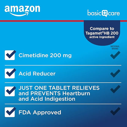 Amazon Basic Care Cimetidine Coated Tablets 200 mg, Acid Reducer, Heartburn Medicine, Indigestion Relief, 120 Count