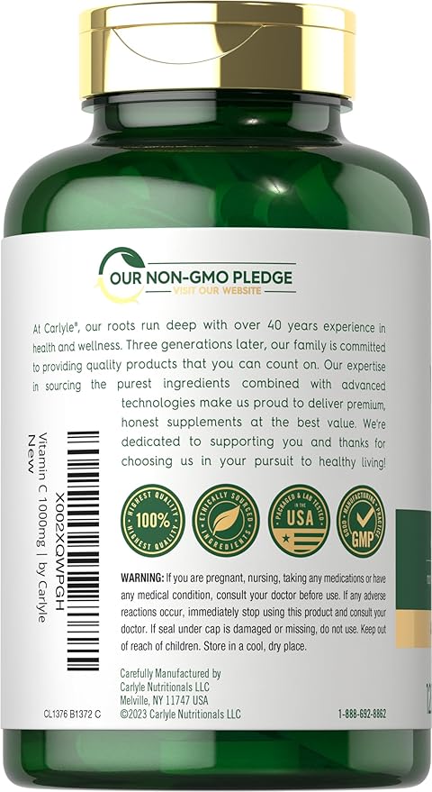 Carlyle Vitamin C 1000mg | 120 Caplets | with Rose HIPS | Supplement for Women and Men | as Ascorbic Acid | Time Release | Vegetarian, Non-GMO, and Gluten Free