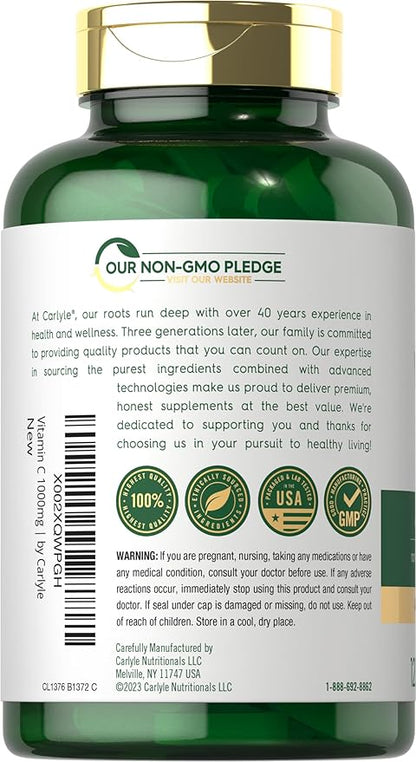 Carlyle Vitamin C 1000mg | 120 Caplets | with Rose HIPS | Supplement for Women and Men | as Ascorbic Acid | Time Release | Vegetarian, Non-GMO, and Gluten Free