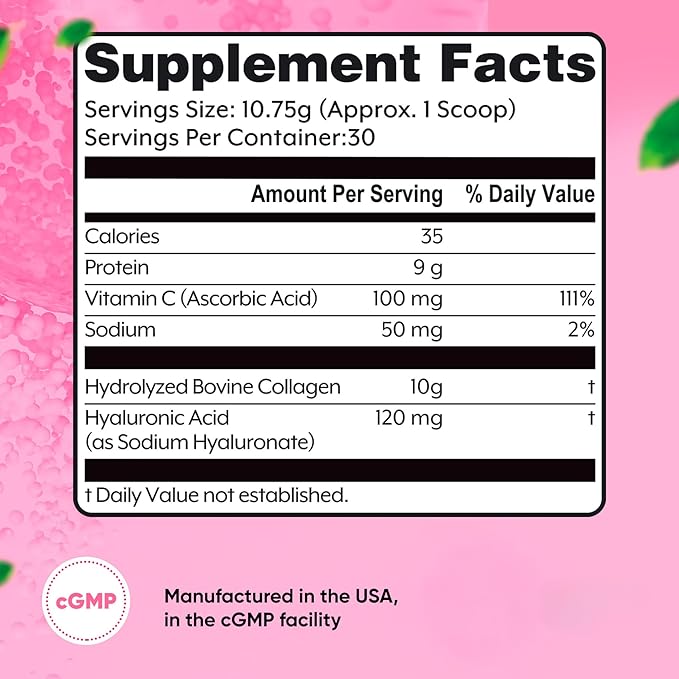 Collagen Peptides 10g with Hyaluronic Acid 120 mg and Vitamin C Powder, Hair, Skin and Nails Support, Grass Fed, Unflavored, 11.38 oz