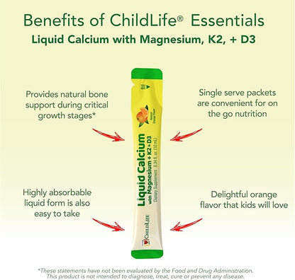 ChildLife Essentials Liquid Calcium Supplement for Kids Single Serve - Baby Calcium with Magnesium, Vitamin D3, & K2 for Bone Support, On The Go Nutrition - Orange Flavor, 0.34 fl oz (30 Stick Packs)