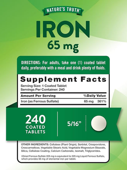 Nature's Truth Iron Tablets 65mg | 240 Count | 325mg Ferrous Sulfate | Vegan, Non-GMO & Gluten Free Supplement