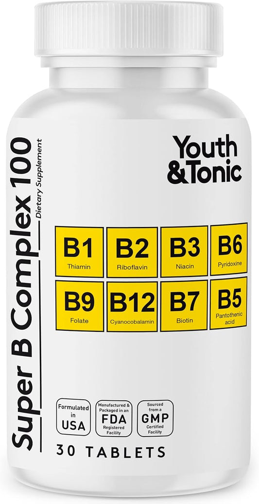 Youth & Tonic Super B Complex B-100 with Choline, Inositol & PABA – High Potency B1, B2, B3, B5, B6, Biotin & B12 – Energy, Mental Clarity, Stress & Nervous System Support – 1-Month Supply