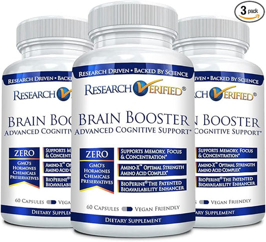 Brain Booster - Nootropic Supplement to Enhance Cognitive Function - 180 Vegan Friendly Capsules - 3 Bottles
