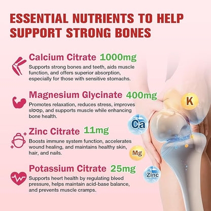Calcium Magnesium Zinc Gummies – Calcium with Vitamin D3 & K2, Calcium Citrate Gummies for Bone, Muscle, Calm & Zzz Support –High Absorption Magnesium, Raspberry Flavored, 60 Count