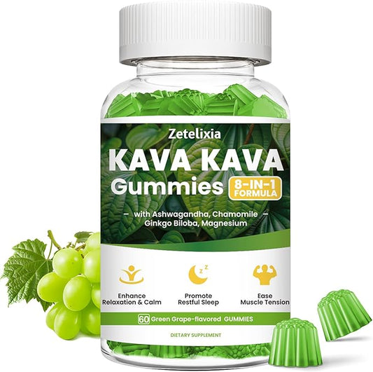 Kava Kava Gummies, Kava Kava Root Extract Supplement with Kavalactones, Calm Gummies for Stress Relief & Better Sleep, Melatonin Free, Sugar Free, Vegan, Non-GMO, Green Grape Flavor, 60 count