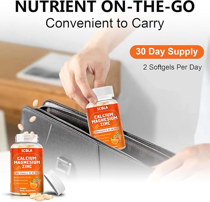 Calcium Magnesium Zinc Supplement with Vitamin C D3 B12 K2, 1000mg Calcium, 400mg Magnesium for Immune Energy Support, Bone Health and Muscle Function Softgels, 240 Count