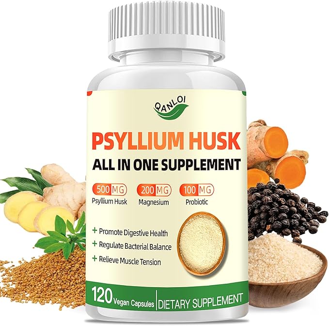 Psyllium Husk Capsules, Psyllium Husk Fiber Dietary Supplement 500mg, with Magnesium & Probiotics, Weight Management, Muscle Relief, Digestive & Gut Health for Men & Women, 120 Capsules