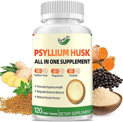 Psyllium Husk Capsules, Psyllium Husk Fiber Dietary Supplement 500mg, with Magnesium & Probiotics, Weight Management, Muscle Relief, Digestive & Gut Health for Men & Women, 120 Capsules