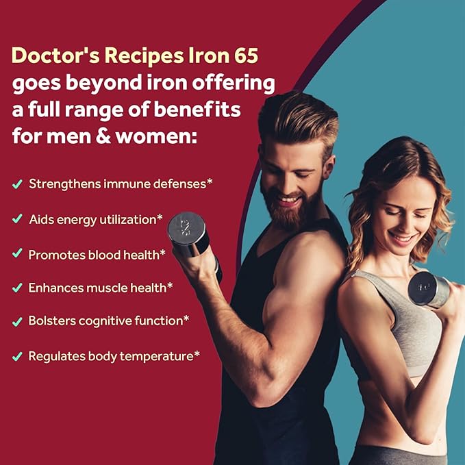 Doctor's Recipes Iron Supplement 65 mg with Vitamin C - Maximized Absorption, Stomach Friendly & High Potency Iron Pills for Red Blood Cells Formation & Immunity Health - Vegan Non-GMO 60 Iron Tablets