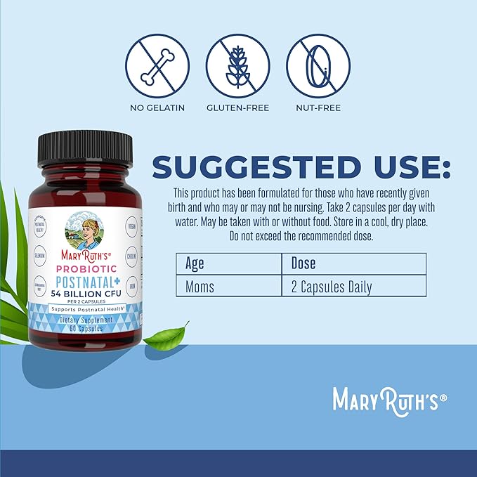 MaryRuth Organics Postnatal Probiotics for Breastfeeding Women | Nursing Probiotic Capsules with Vitamins | Minerals & Antioxidants | 54 Billion CFU | Non-GMO | Vegan | 30 Servings