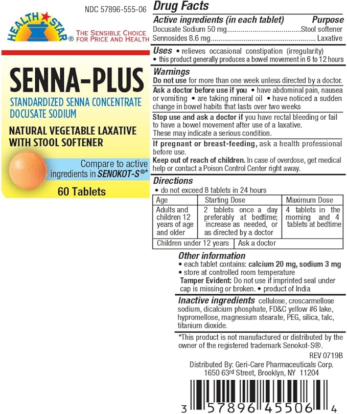 GeriCare Senna Plus Natural Vegetable Laxative with Stool Softener, Docusate Sodium 50mg, Sennosides 8.6mg 60 Count (Pack of 1)