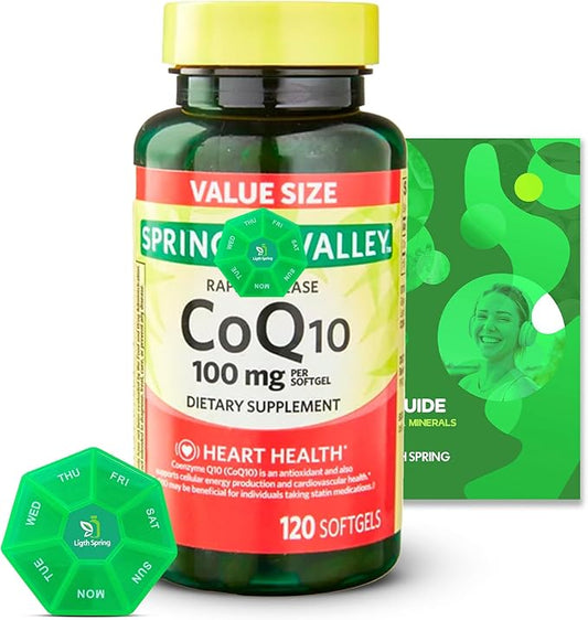 Rapid-Release CoQ10 100 mg, 120 Softgels with Bundle Exclusive Vitamins & Minerals - A to Z - Better Ligth&Spring Guide + Weekly Pill Organizer (3 Items)