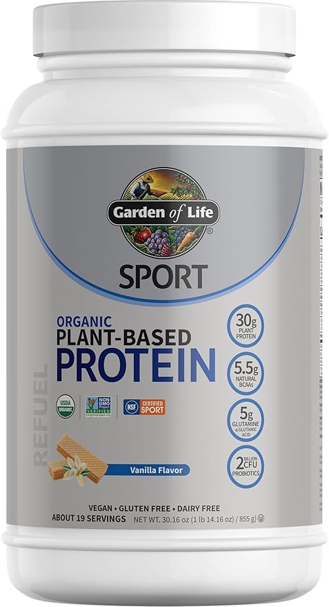 Organic Vegan Vanilla Protein Powder with Probiotics, BCAAs, 30g Plant Protein, NSF Certified, Gluten Free & Sport, Non GMO, Garden of Life Sport Protein Powder - 19 Servings
