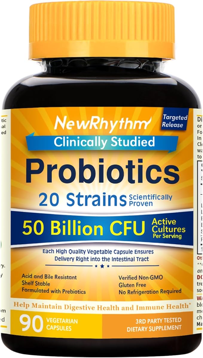 NewRhythm Probiotics 50 Billion CFU 20 Strains, 90 Veggie Capsules, Targeted Release Technology, Stomach Acid Resistant, No Need for Refrigeration, Non-GMO, Gluten Free