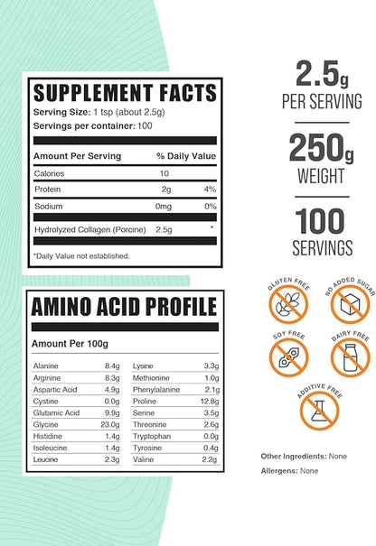 BulkSupplements.com Porcine Collagen Powder - Hydrolyzed Collagen Powder, Collagen Supplement, Collagen Protein Powder - Gluten Free, 2500mg per Serving, 250g (8.8 oz) (Pack of 1)