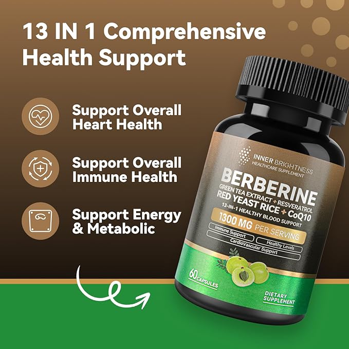 Berberine 1300mg with Green Tea Extract, Resveratrol, Red Yeast Rice & CoQ10 – 13-in-1 Immune Health, Natural Metabolic Support – 60 Capsules – Non-GMO, Lab Tested