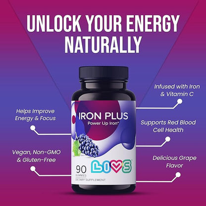 Iron Gummies with Vitamin C for Women, Men & Kids | Chewable Supplement as Gummy with Vitamin B12, B3,B5,B6, Folate & Zinc | Energy Support, Non GMO & Gluten Free | 20mg Iron/Dose -180 Count