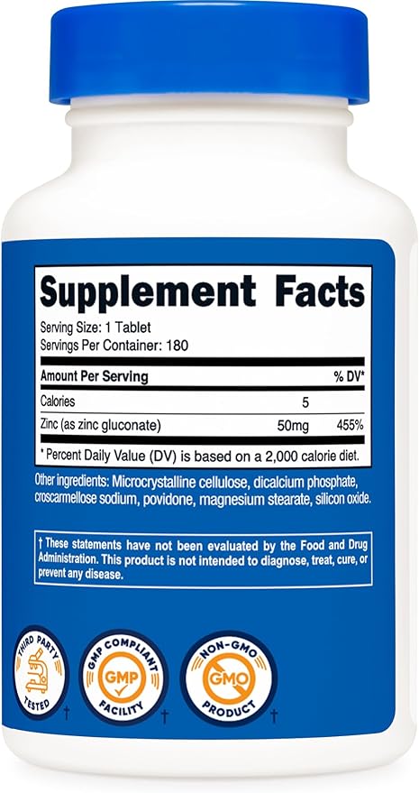 Nutricost Zinc Gluconate 50mg, 180 Tablets - GMO-Free