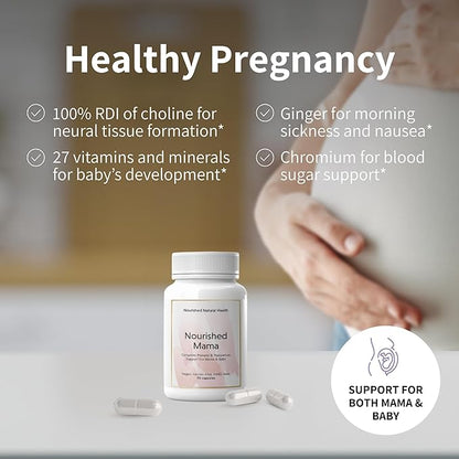 Nourished Mama Prenatal Multi Vitamin - Vegan Multivitamin for Preconception, Pregnancy, Postpartum and Breastfeeding Support - Iron-Free with Methylated Folate & High Dose Choline - 270 Capsules