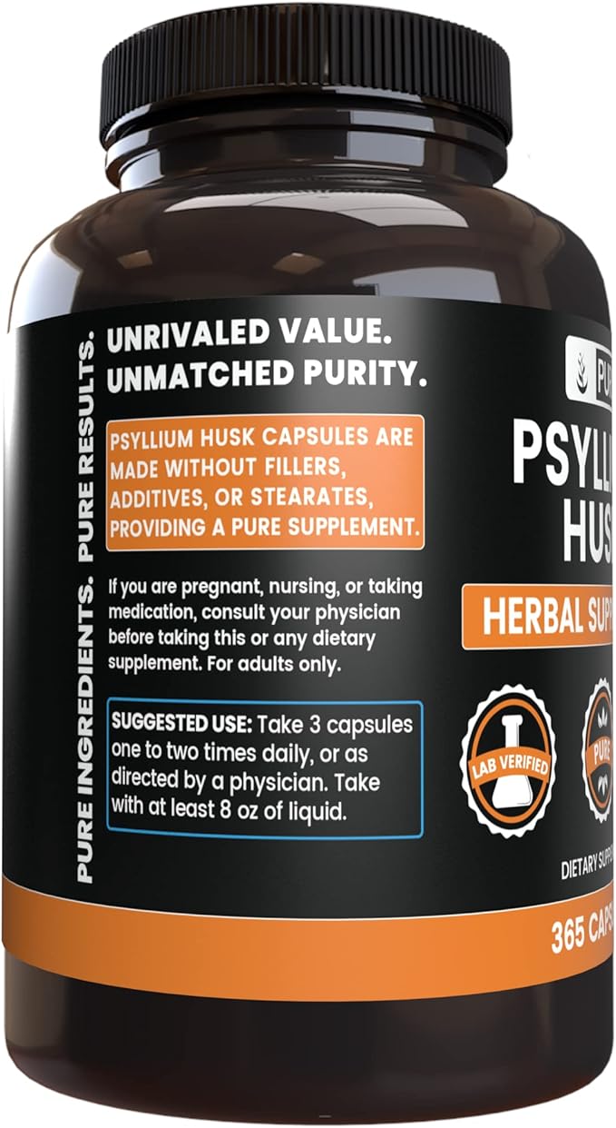 PURE ORIGINAL INGREDIENTS Psyllium Husk (365 Capsules) No Magnesium Or Rice Fillers, Always Pure, Lab Verified