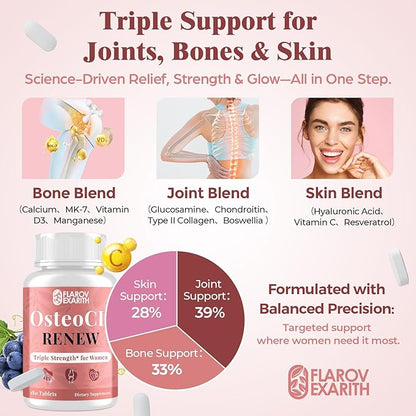 Joint Supplements for Women OsteoCII Renew Triple Strength – Advanced Joint, Bone & Skin Formula – Collagen, Glucosamine, Chondroitin, Calcium, MK-7, Vitamin D3, Hyaluronic Acid, 180 Tablets