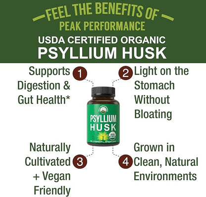 USDA Organic Psyllium Husk Vegan Capsules Made with Organic Psyllium Husk Seed. Fiber Supplement for Gut. Digestive Prebiotics. Pills for Digestion, Roughage Without Bloating. Tablets