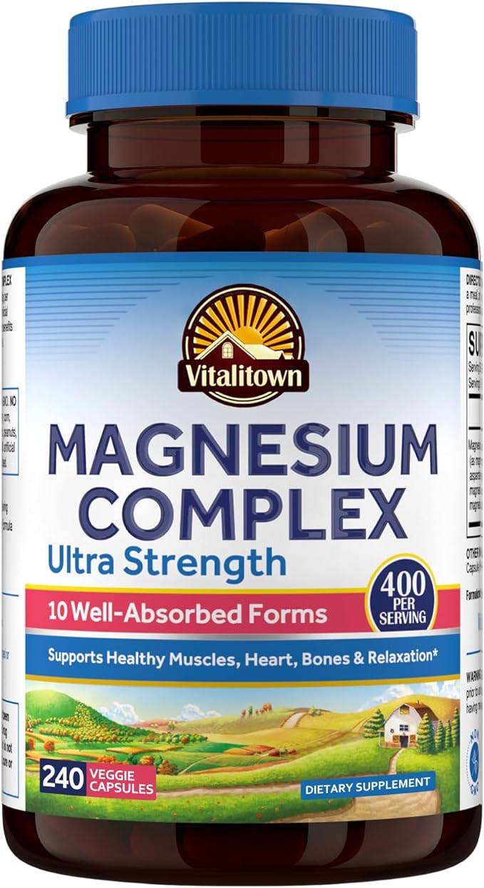 Vitalitown 10 in 1 Magnesium Complex Supplement - 400mg Elemental Magnesium Chelated with Glycinate, Citrate, Malate, Taurate & More - for Sleep Muscle Heart Energy, Non-GMO, Vegan, 240 Caps