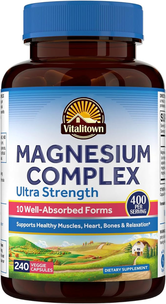 Vitalitown 10 in 1 Magnesium Complex Supplement - 400mg Elemental Magnesium Chelated with Glycinate, Citrate, Malate, Taurate & More - for Sleep Muscle Heart Energy, Non-GMO, Vegan, 240 Caps