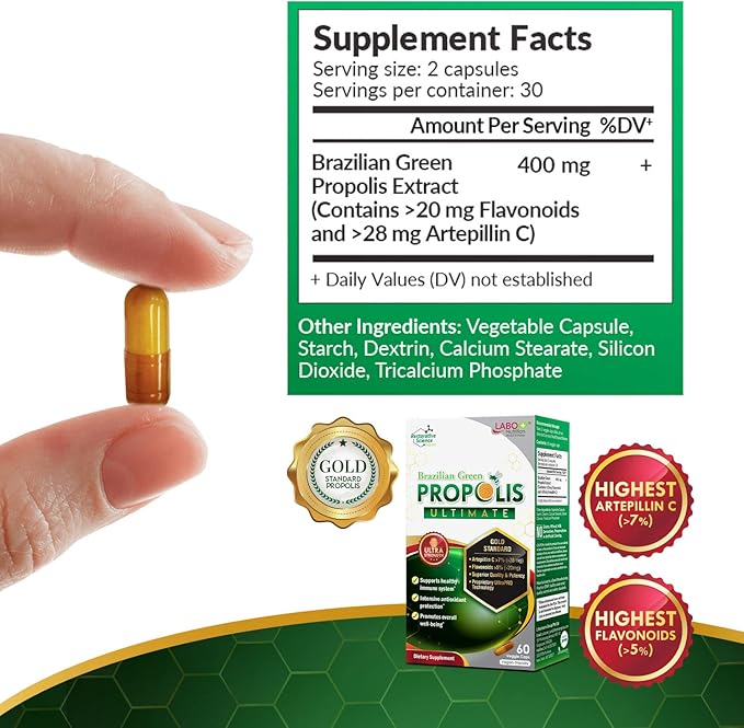 LABO Nutrition Brazilian Green Propolis Ultimate – Propolis Extract with 28mg Artepillin C and 5% Flavonoids Natural Bee Supplement for Immune, Brain Support High Concentrate Propolis, 60 Veg Capsx3