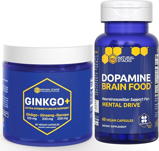 NATURAL STACKS Ginkgo Biloba + Dopamine Brain Food Bundle - Supports Focus & Mental Drive* - 120 Capsules