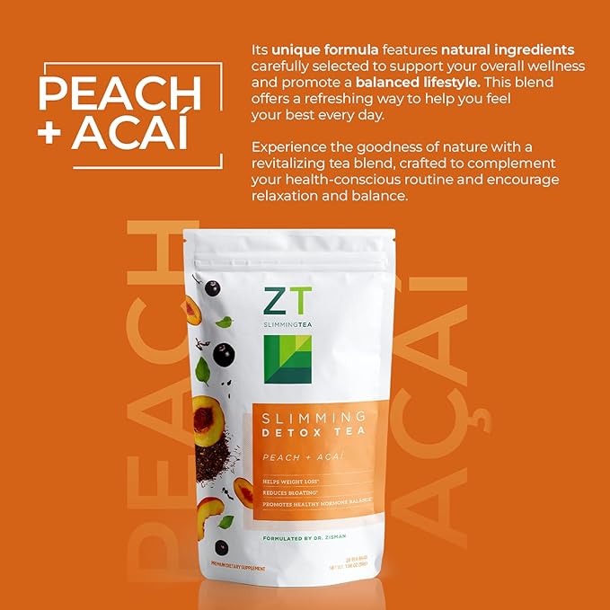Dr. Zisman ZT Slimming - Peach and Acai Herbal Tea Blend with Ashwagandha, Rooibos and Acai - 28 Day Wellness Blend (28 Tea Bags)