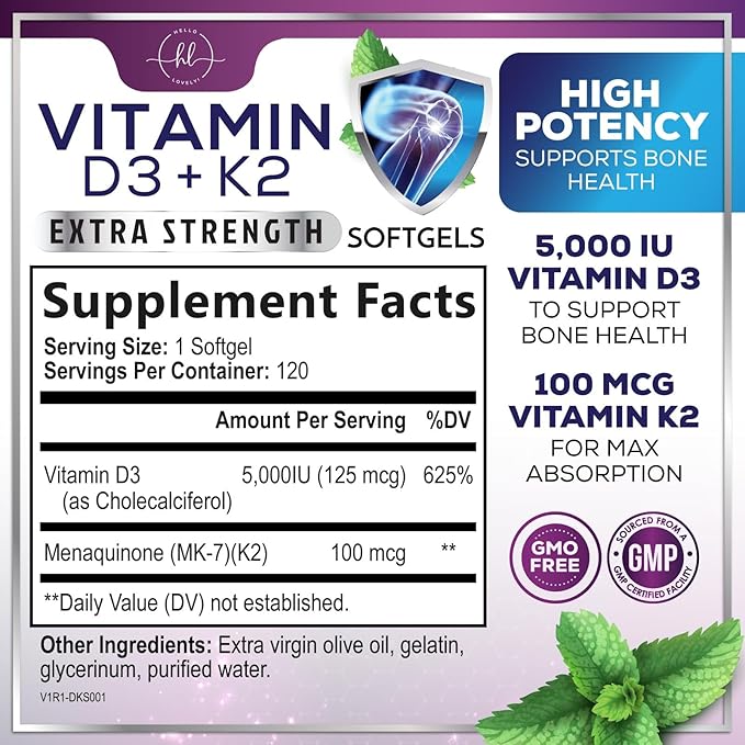Vitamin D3 K2 - High Potency 5000iu D3 (125mcg) & 100mcg K2 (MK7) for Calcium Absorption, Bone, Teeth, Heart & Immune Support, Easy to Swallow D & K Complex, Non-GMO & Gluten Free - 120 Softgels