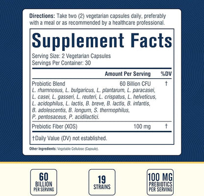 Probiotic 60 Billion 19 Strains with Organic Prebiotic for Men & Women, Digestive & Immune Health, Shelf Stable Delayed Release, Non-GMO No Dairy, 60 Vegan Caps