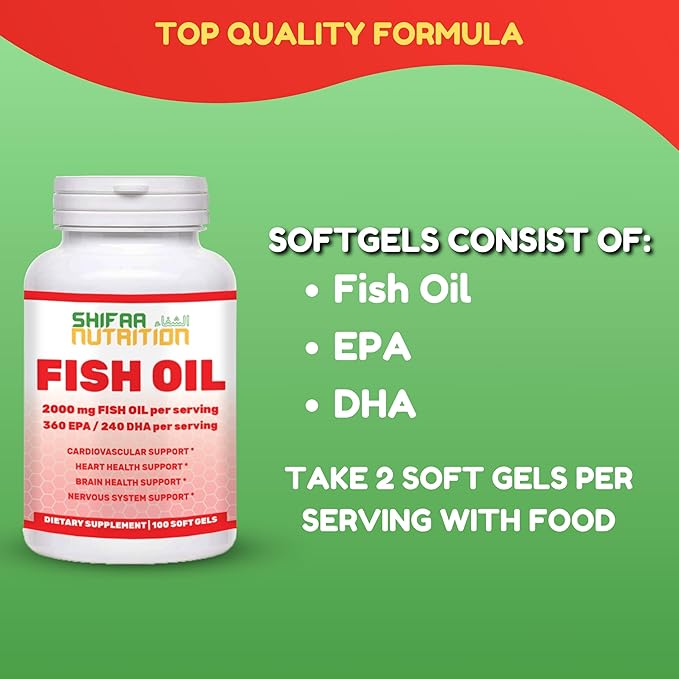 Halal Fish Oil 2000mg Softgels with 360mg EPA & 240mg DHA. 100 Wild Caught & Non-GMO Omega 3 Softgels for Heart & Brain Health. Burpless, Easy-to-Swallow Fish Oil Omega 3 Supplements
