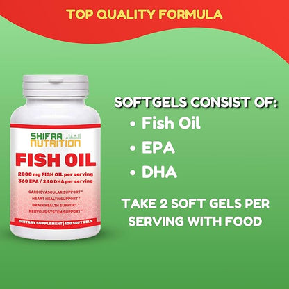 Halal Fish Oil 2000mg Softgels with 360mg EPA & 240mg DHA. 100 Wild Caught & Non-GMO Omega 3 Softgels for Heart & Brain Health. Burpless, Easy-to-Swallow Fish Oil Omega 3 Supplements