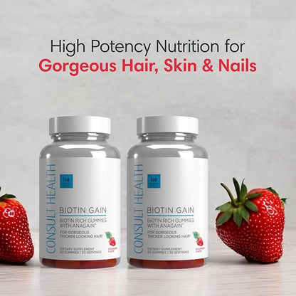 Consult Health BIOTIN GAIN Gummies with ANAGAIN - Reduce Hair Loss - Clinically Tested - 10,000 mcg Biotin Vitamin B7 to Support Healthy Hair Growth, Skin and Nails for Women and Men - 60 Count