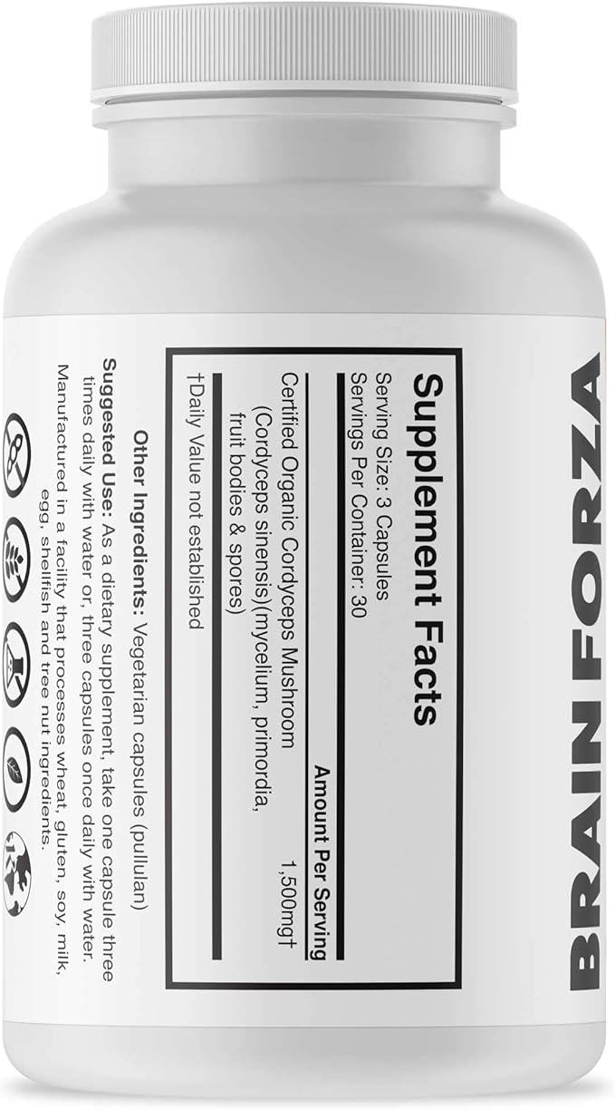 Brain Forza Organic Cordyceps Capsules - Cordyceps Sinensis Mushroom Low-Oxygen Grown in The USA, Non-GMO, Vegan, Organic, 90 Capsules
