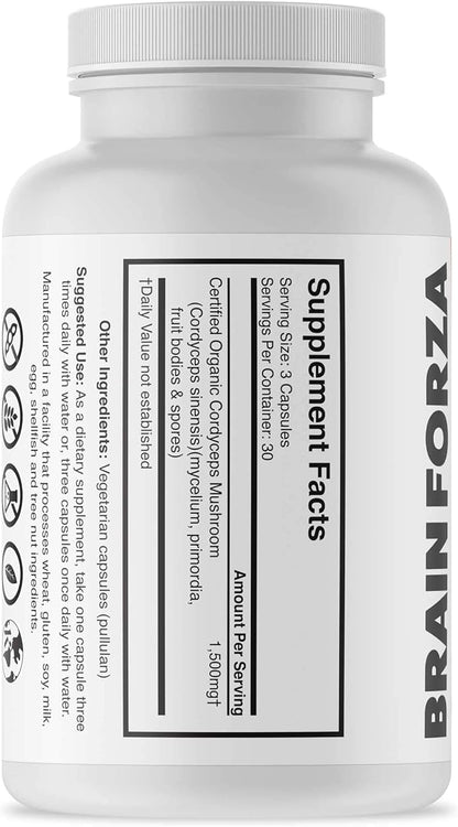 Brain Forza Organic Cordyceps Capsules - Cordyceps Sinensis Mushroom Low-Oxygen Grown in The USA, Non-GMO, Vegan, Organic, 90 Capsules