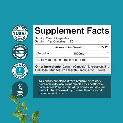 Free Form L Tyrosine 1000mg Per Serving - High Strength L-Tyrosine Supplement for Energy and Focus Support - Amino Acid Nootropic Supplement for Focus Attention and Cognition (240 Count)