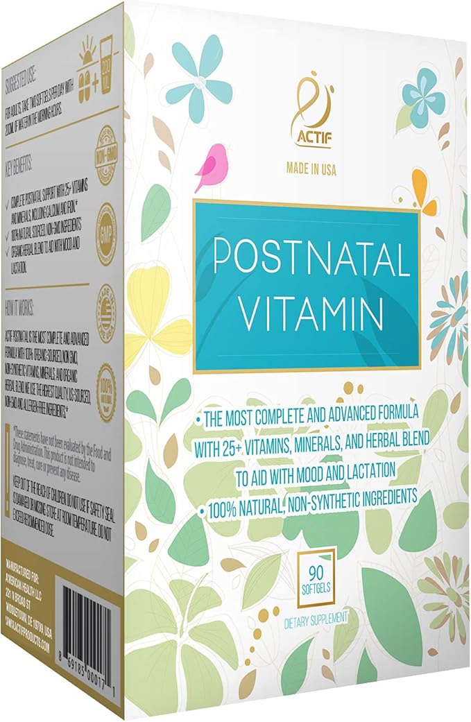 ACTIF Postnatal Vitamin with 25+ Organic Vitamins and Organic Herbs, Nursing and Lactation Supplement, Supports Baby's Brain Development, Non-GMO, Made in USA, 90 Count