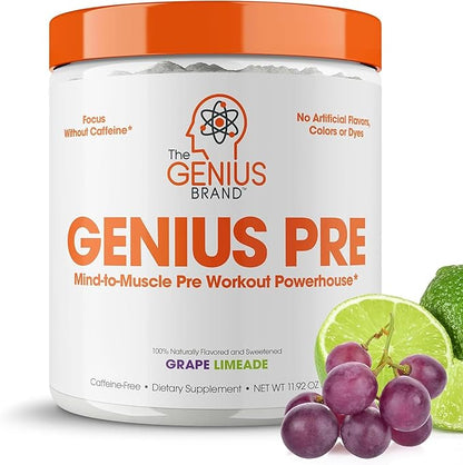 Genius Pre Caffeine-Free Pre Workout Boosted Energy, Focus, Performance Nootropic Formula AlphaSize, Citrulline Malate, CarnoSyn Beta Alanine Endurance, Stamina, Recovery, 20 Servings - Grape Limeade