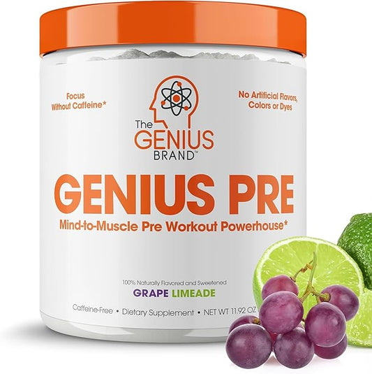 Genius Pre Caffeine-Free Pre Workout Boosted Energy, Focus, Performance Nootropic Formula AlphaSize, Citrulline Malate, CarnoSyn Beta Alanine Endurance, Stamina, Recovery, 20 Servings - Grape Limeade