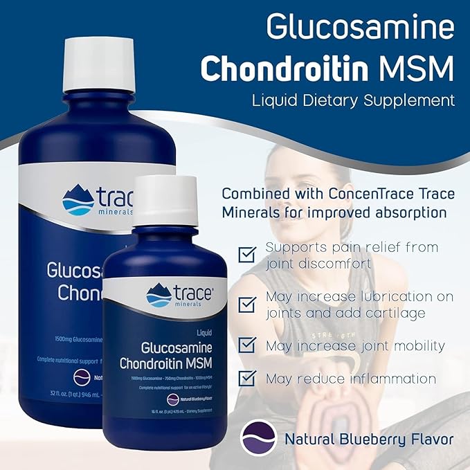 Trace Minerals Glucosamine/Chondroitin/MSM - Liquid Supplement Aids Body Mineral Health - Support for Bone Strength & Joint Health - Mobility Support Supplement - Natural Blueberry Flavor, 32 fl oz
