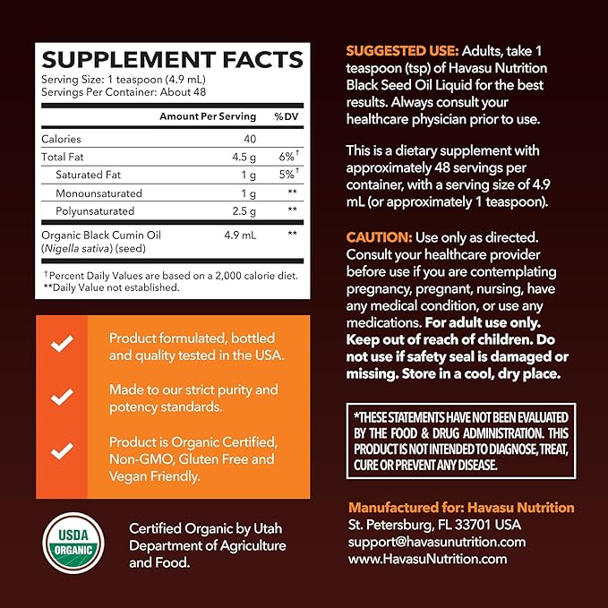 Organic Black Seed Oil Cold Pressed Liquid - Black Cumin Supplement for Immune System Function, Digestive Support, Hair Nourishment & Overall Health - 8 Fl Oz - Unflavored, Non-GMO, Vegan