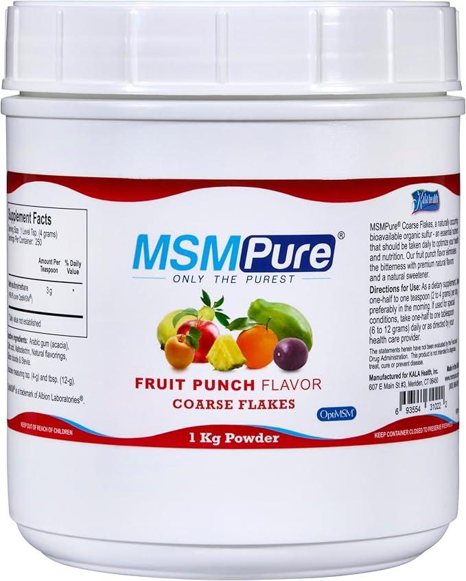 KALA HEALTH MSMPure Fruit Punch Flavored Coarse MSM Powder Flakes – US-Sourced MSM for Joint Health, Skin Appearance, and Hair & Nail Support – 2.2 lb, Organic Sulfur