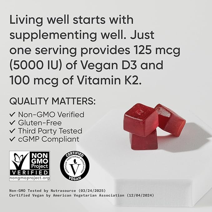 Sports Research® Vegan Vitamin D3 + K2 Gummy Supplements - 5000iu Vitamin D with 100mcg Mk7 Vitamin K - Supports Calcium for Stronger Bones & Immune Health - 60 Gummies for Adults, for Women, 1 Month