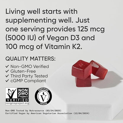Sports Research® Vegan Vitamin D3 + K2 Gummy Supplements - 5000iu Vitamin D with 100mcg Mk7 Vitamin K - Supports Calcium for Stronger Bones & Immune Health - 60 Gummies for Adults, for Women, 1 Month