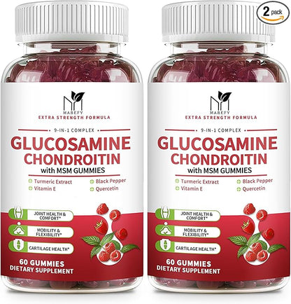 2 Pack Glucosamine Chondroitin Gummies, Glucosamine 1000mg, Chondroitin 750mg with MSM, Turmeric, Quercetin, Vitamin E, Calcium - Joint Health Support Supplement for Men & Women, Raspberry