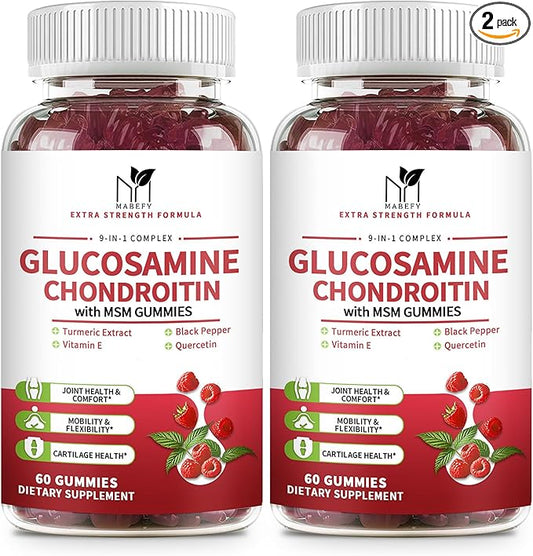 2 Pack Glucosamine Chondroitin Gummies, Glucosamine 1000mg, Chondroitin 750mg with MSM, Turmeric, Quercetin, Vitamin E, Calcium - Joint Health Support Supplement for Men & Women, Raspberry